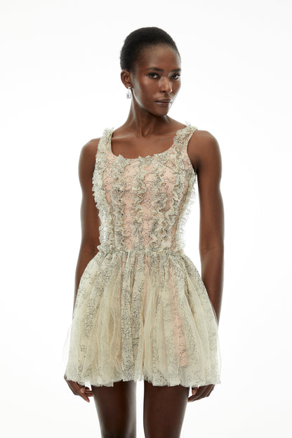Octavia Green Ruched Mini Dress with Mesh Panels