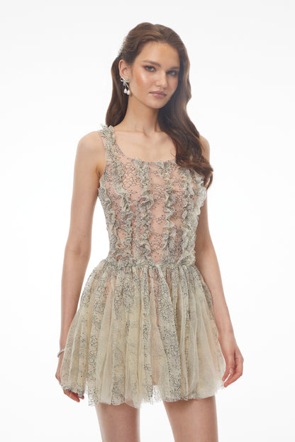 Octavia Green Ruched Mini Dress with Mesh Panels