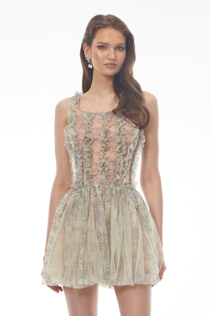 Octavia Green Ruched Mini Dress with Mesh Panels