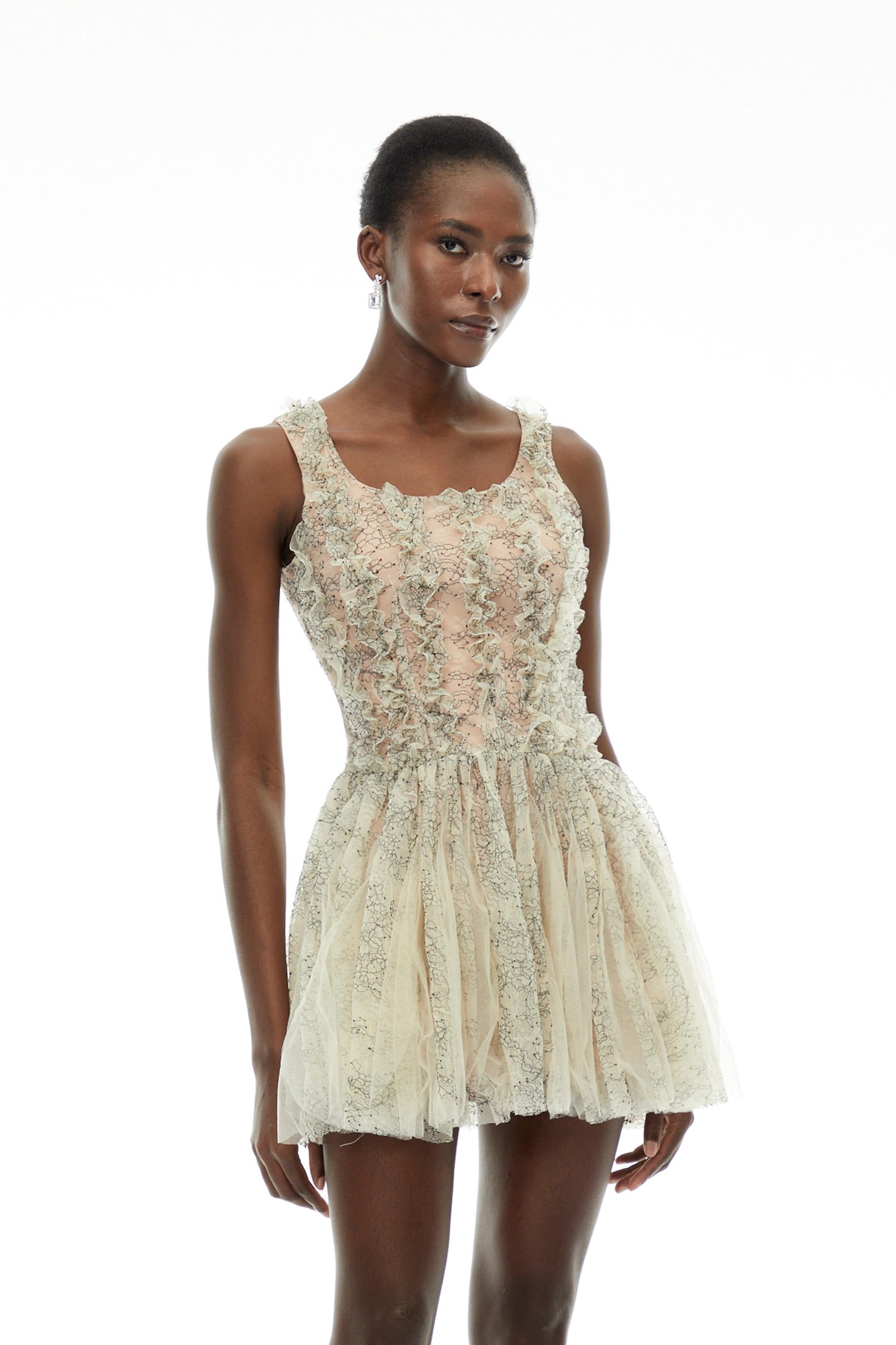 Octavia Green Ruched Mini Dress with Mesh Panels