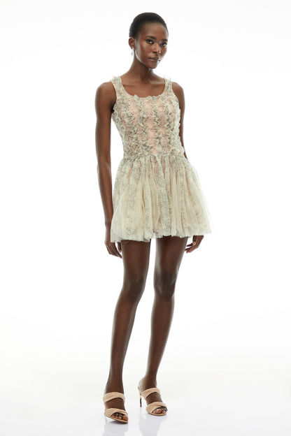 Octavia Green Ruched Mini Dress with Mesh Panels