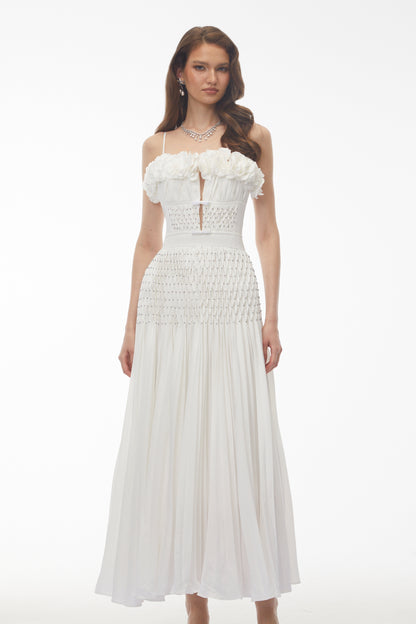 Octavia White Pleated Maxi Dress with 3D Floral