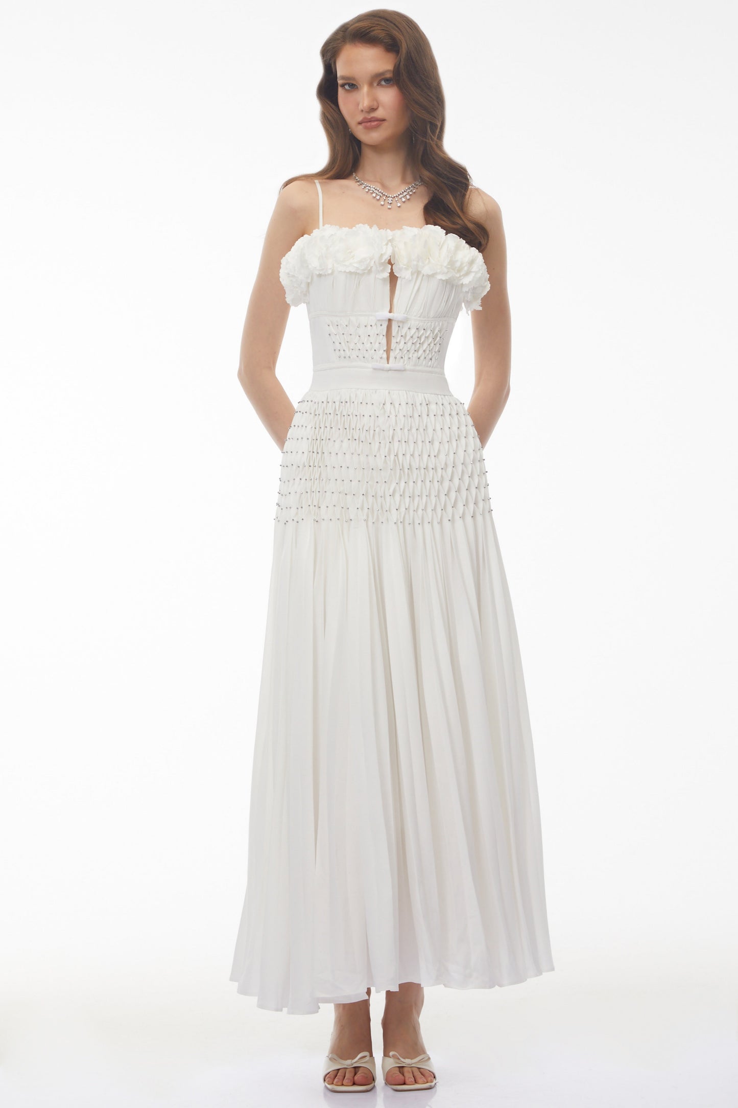 Octavia White Pleated Maxi Dress with 3D Floral