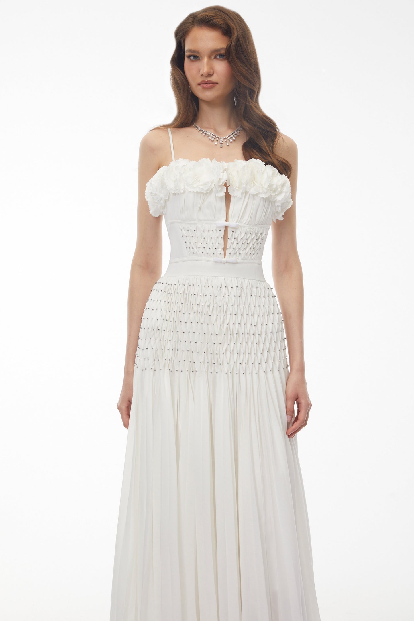 Octavia White Pleated Maxi Dress with 3D Floral