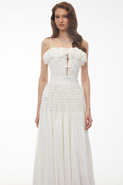 Octavia White Pleated Maxi Dress with 3D Floral