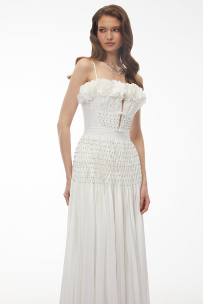 Octavia White Pleated Maxi Dress with 3D Floral