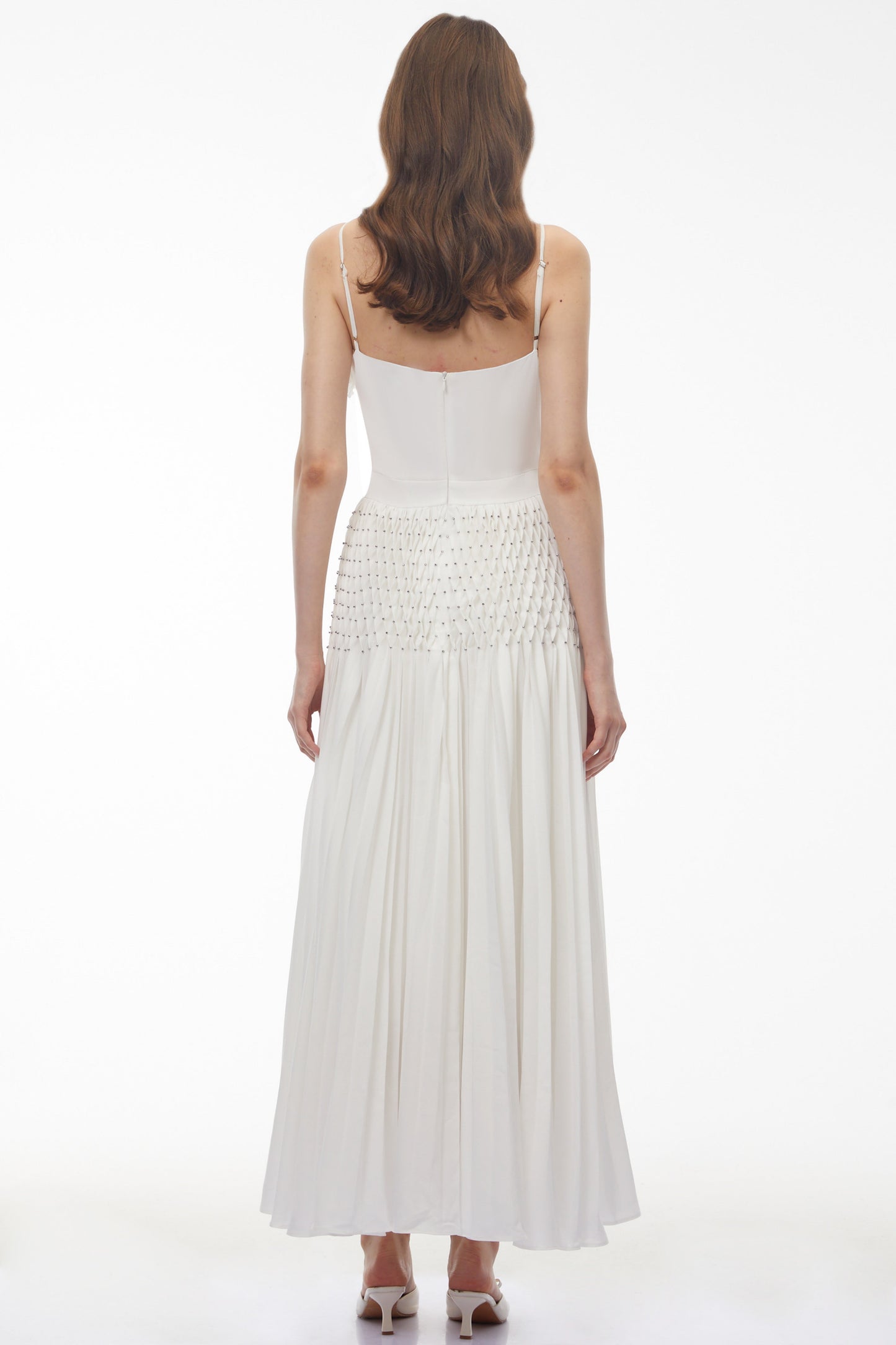 Octavia White Pleated Maxi Dress with 3D Floral