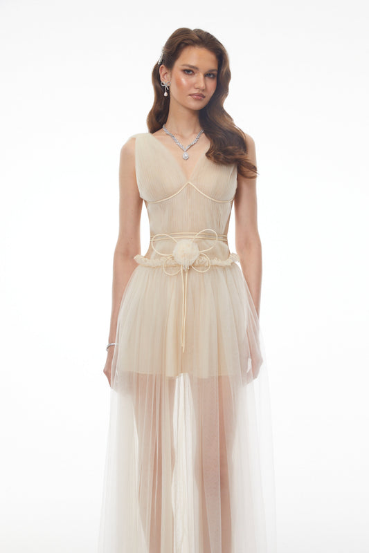 Octavia Beige V-neck Semi-sheer Ruched Maxi Dress