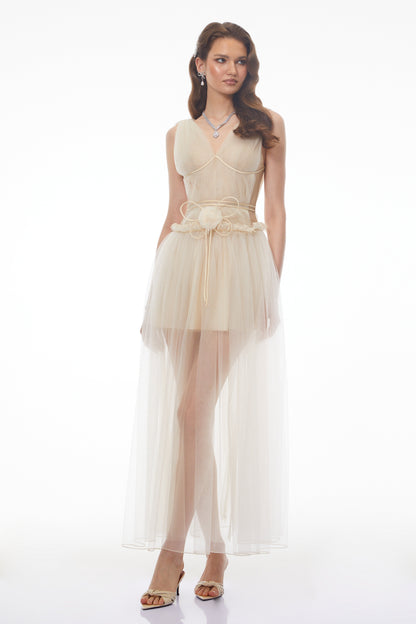 Octavia Beige V-neck Semi-sheer Ruched Maxi Dress