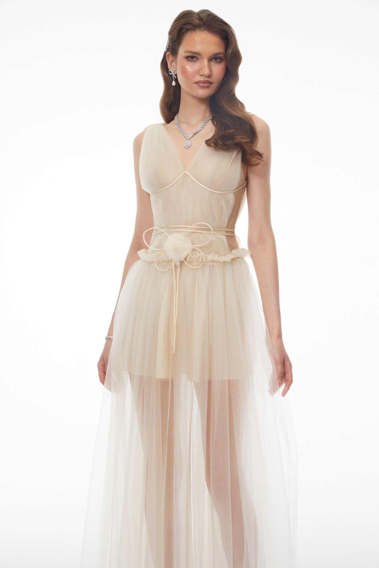 Octavia Beige V-neck Semi-sheer Ruched Maxi Dress