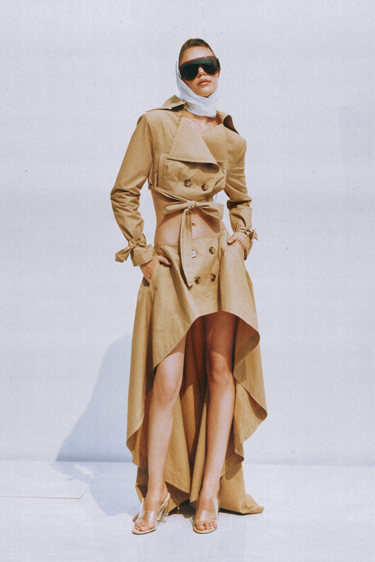 Maelle Khaki Cropped Trench Jacket & Skirt Matching Set