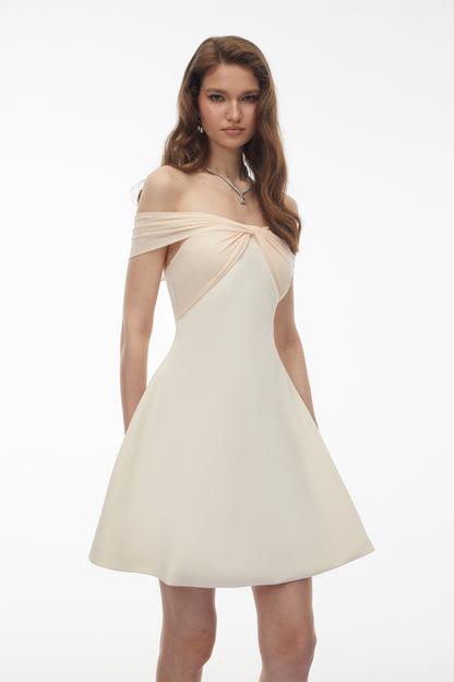 Oenone White Off Shoulder Mini Dress with Twist Front