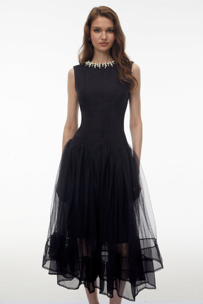 Ofra Black Pearl Pleated Midi Dress