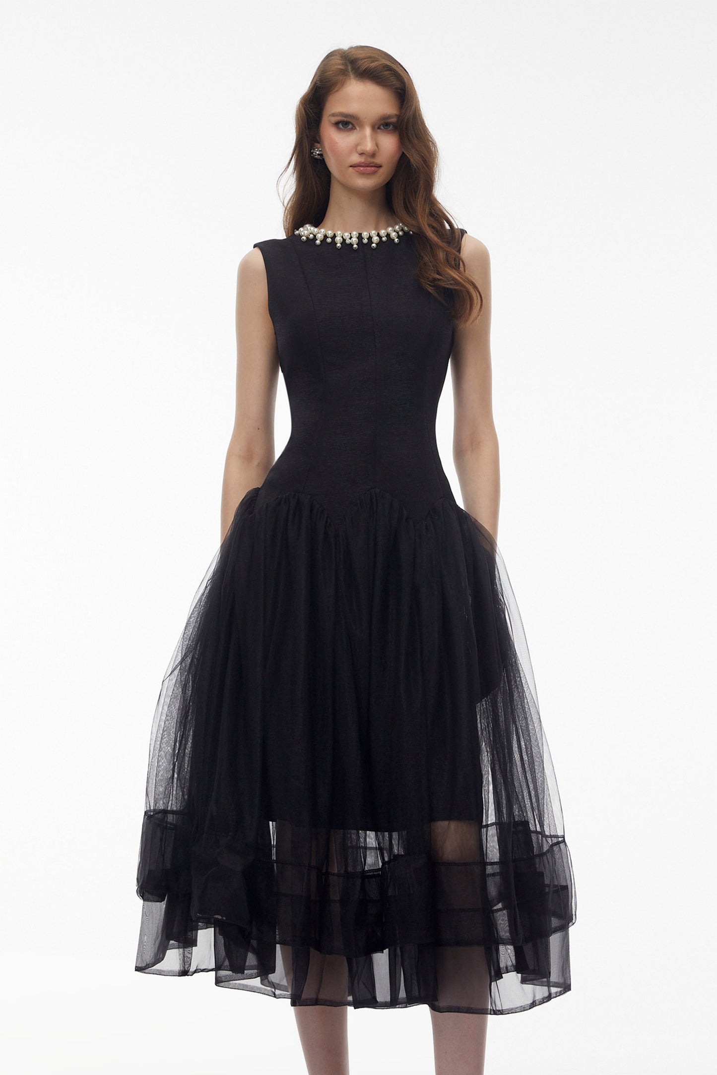 Ofra Black Pearl Pleated Midi Dress