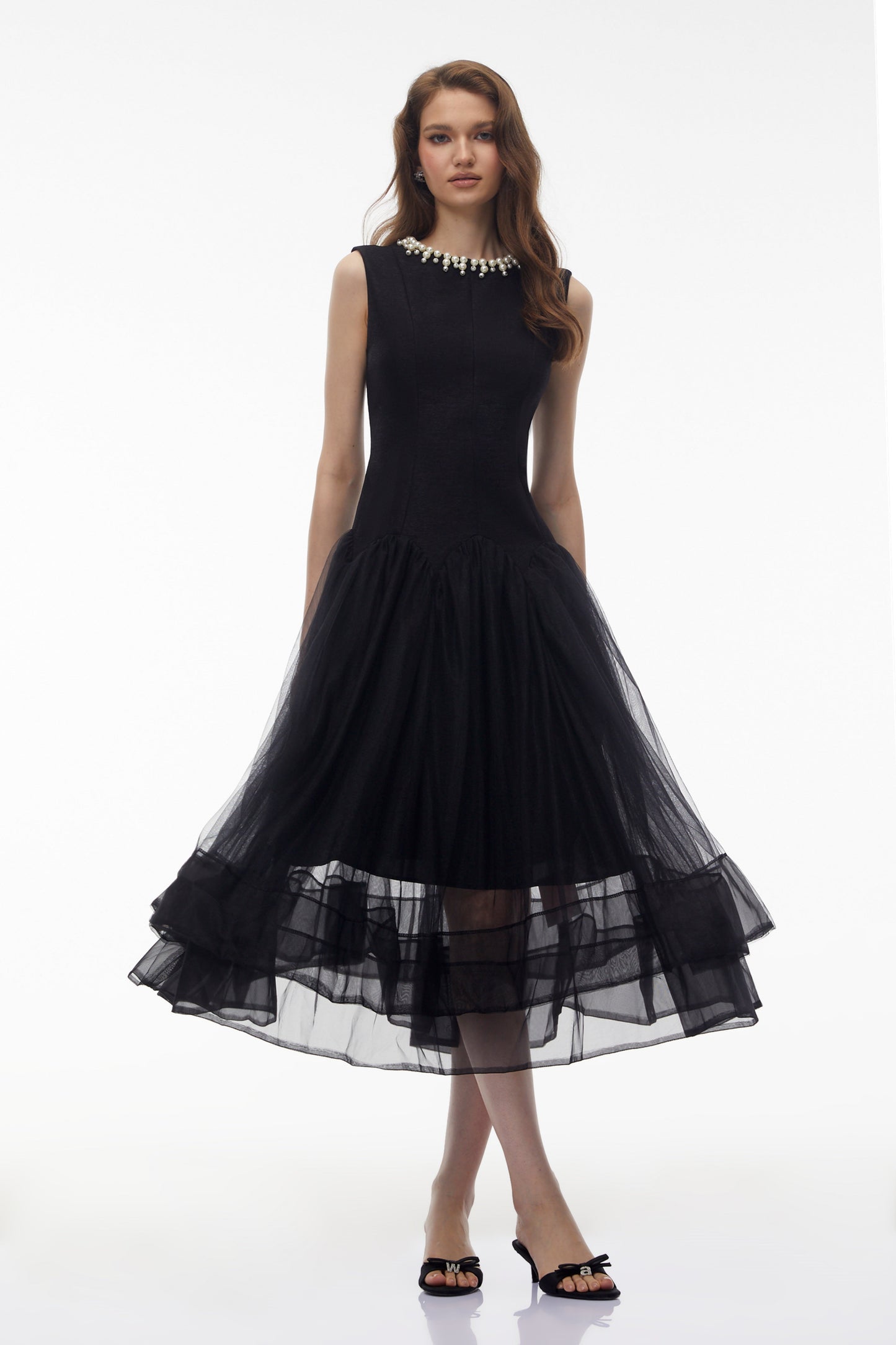 Ofra Black Pearl Pleated Midi Dress