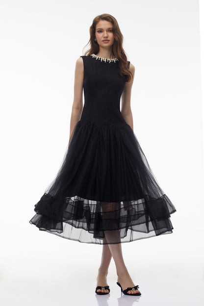 Ofra Black Pearl Pleated Midi Dress