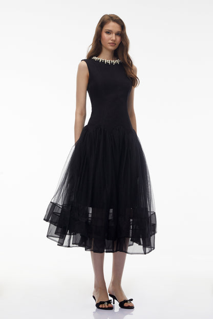 Ofra Black Pearl Pleated Midi Dress