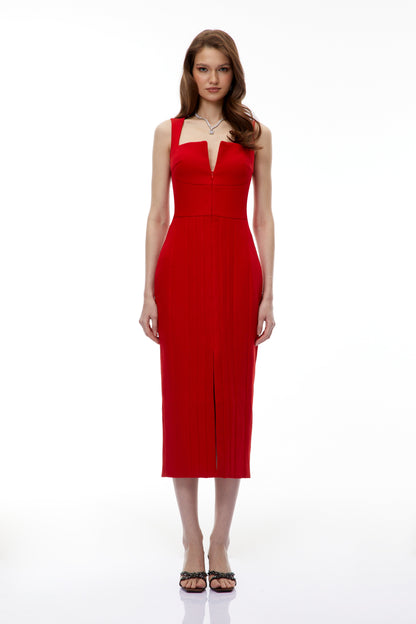 Olena Red Front Zip Corset Midi Dress