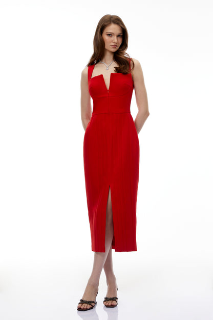 Olena Red Front Zip Corset Midi Dress