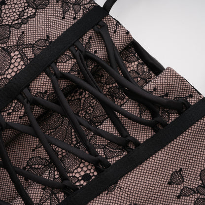 Olesya Black Ruched Mini Dress with Lace Panels