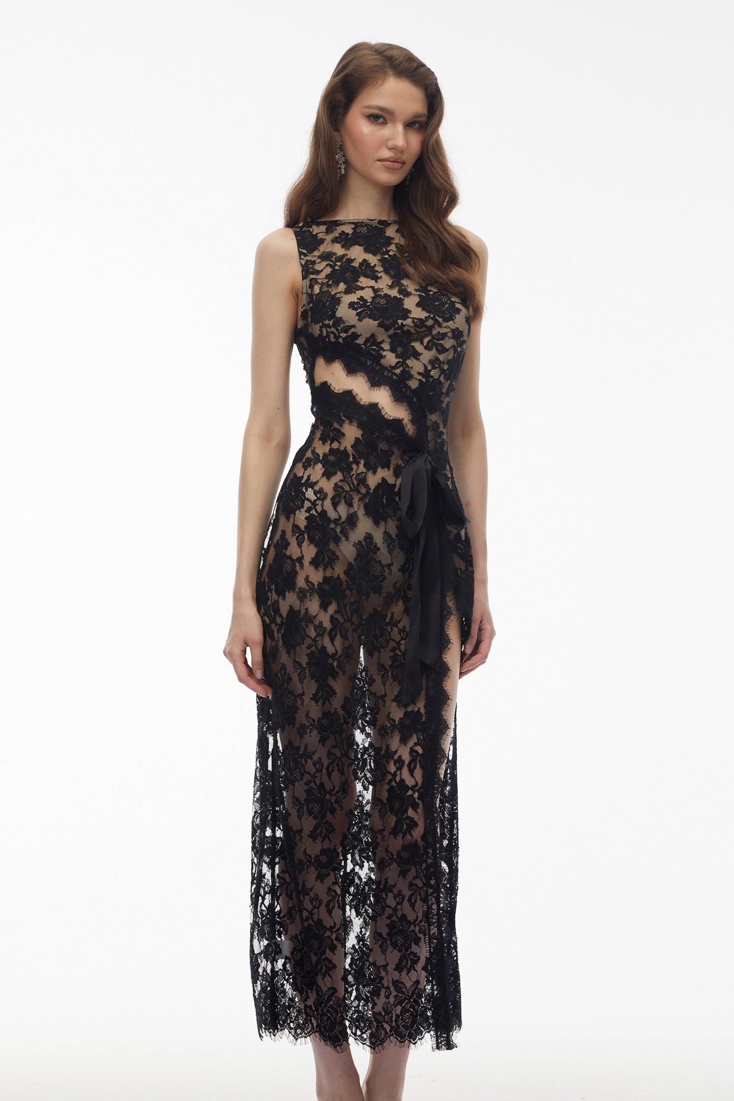 Olesya Black Semi Sheer Lace Maxi Dress