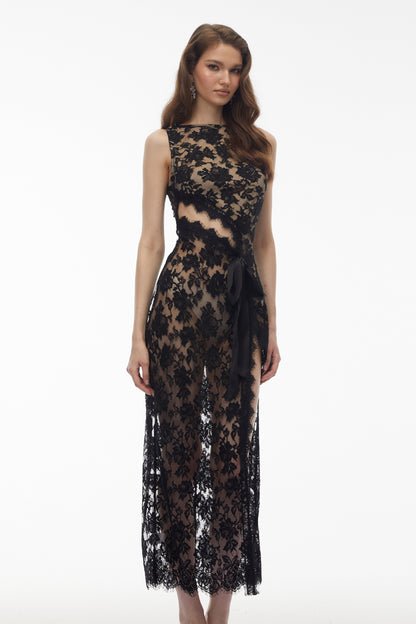 Olesya Black Semi Sheer Lace Maxi Dress