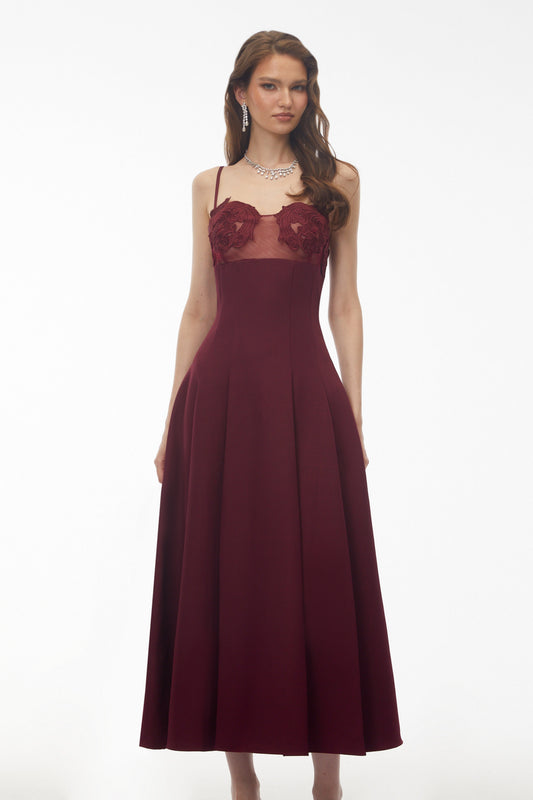 Olesya Burgundy Floral Embroidered Maxi Dress