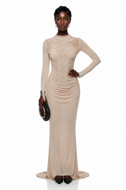 Olinda Nude Ruched Maxi Dress with Asymmetrical Hem