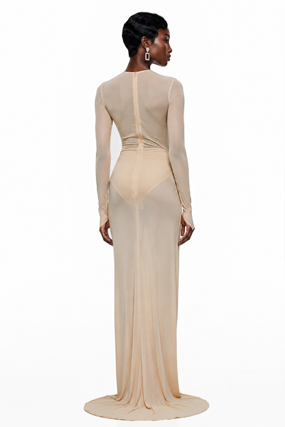 Olinda Nude Ruched Maxi Dress with Asymmetrical Hem
