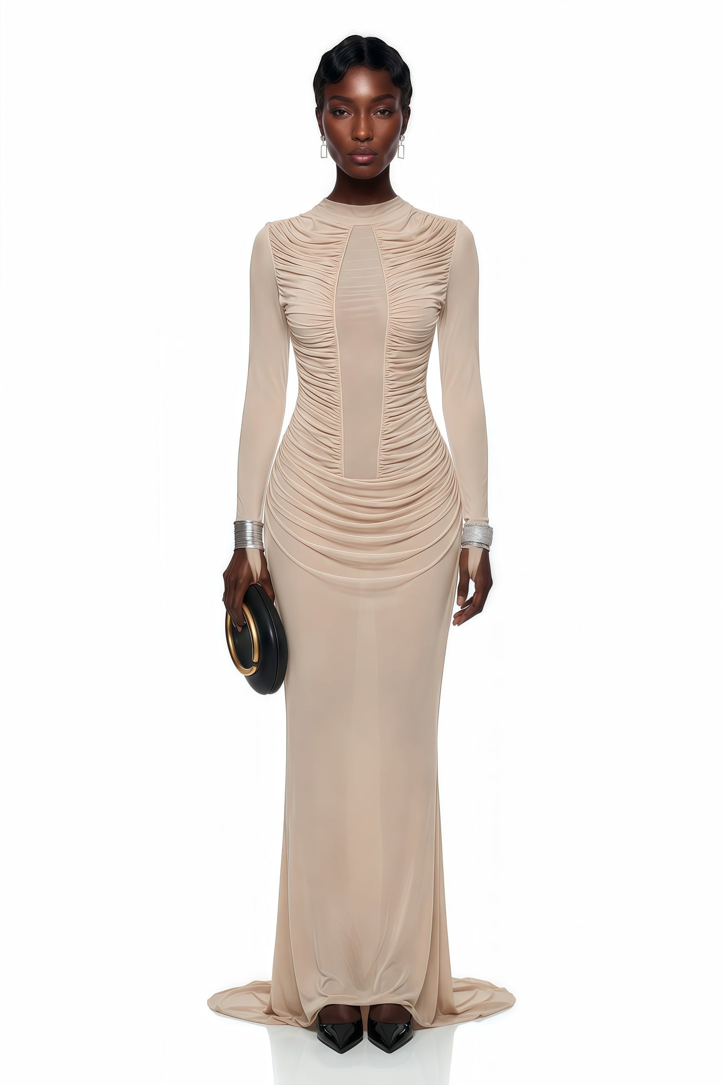 Olinda Nude Ruched Maxi Dress with Asymmetrical Hem