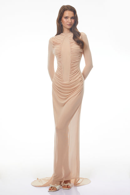 Olinda Asimetrik Kenarlı Dantelli Nude Maxi Elbise