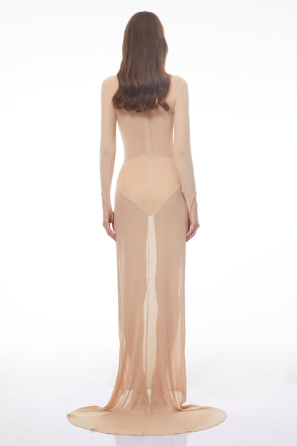Olinda Asimetrik Kenarlı Dantelli Nude Maxi Elbise