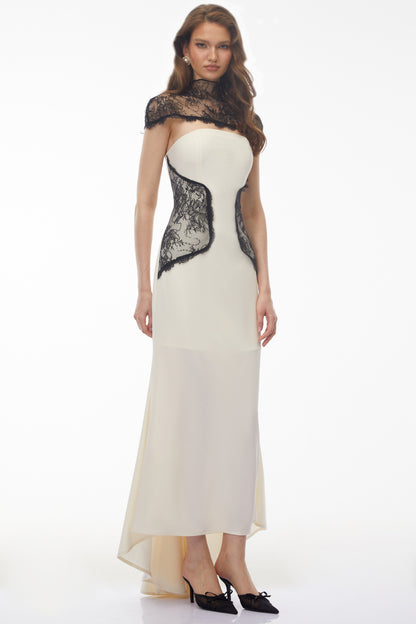 Olinda White Lace Panel Maxi Dress with Cape