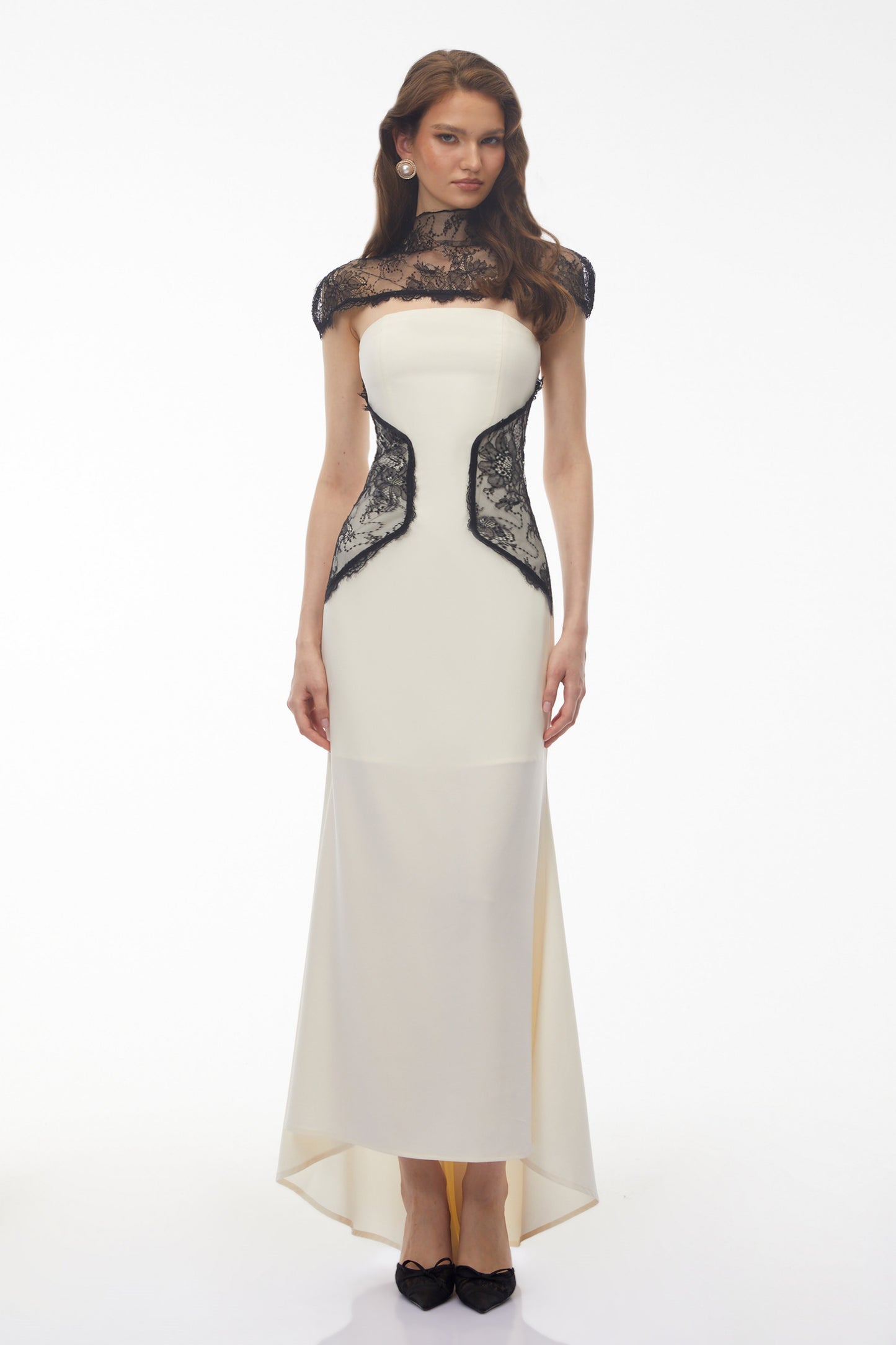 Olinda White Lace Panel Maxi Dress with Cape