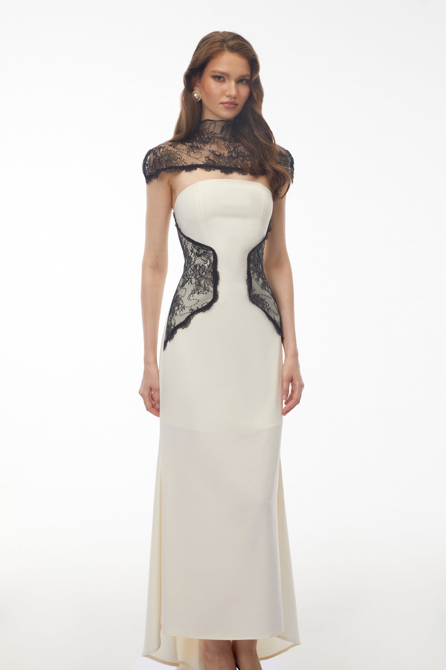 Olinda White Lace Panel Maxi Dress with Cape