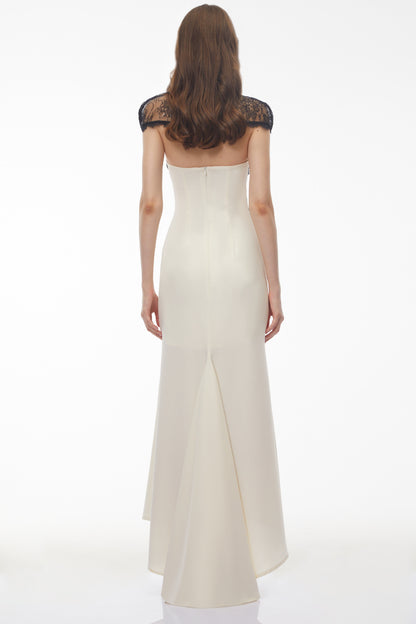 Olinda White Lace Panel Maxi Dress with Cape