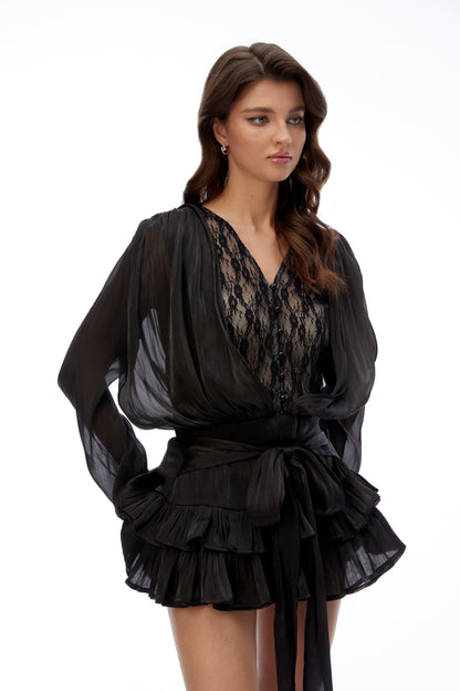 Olive Black Mini Dress with Lace Ruffled Trim