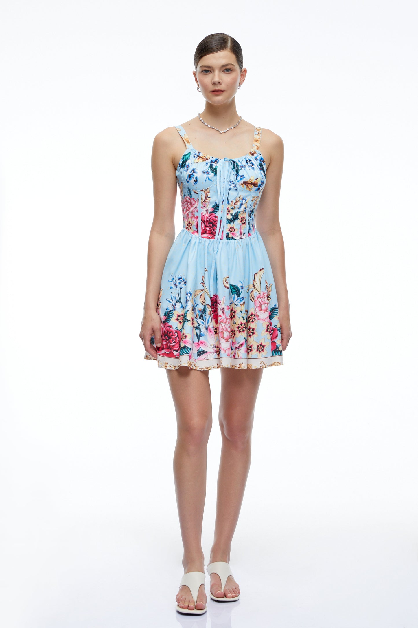 Olivette Blue Floral Ruched Mini Dress