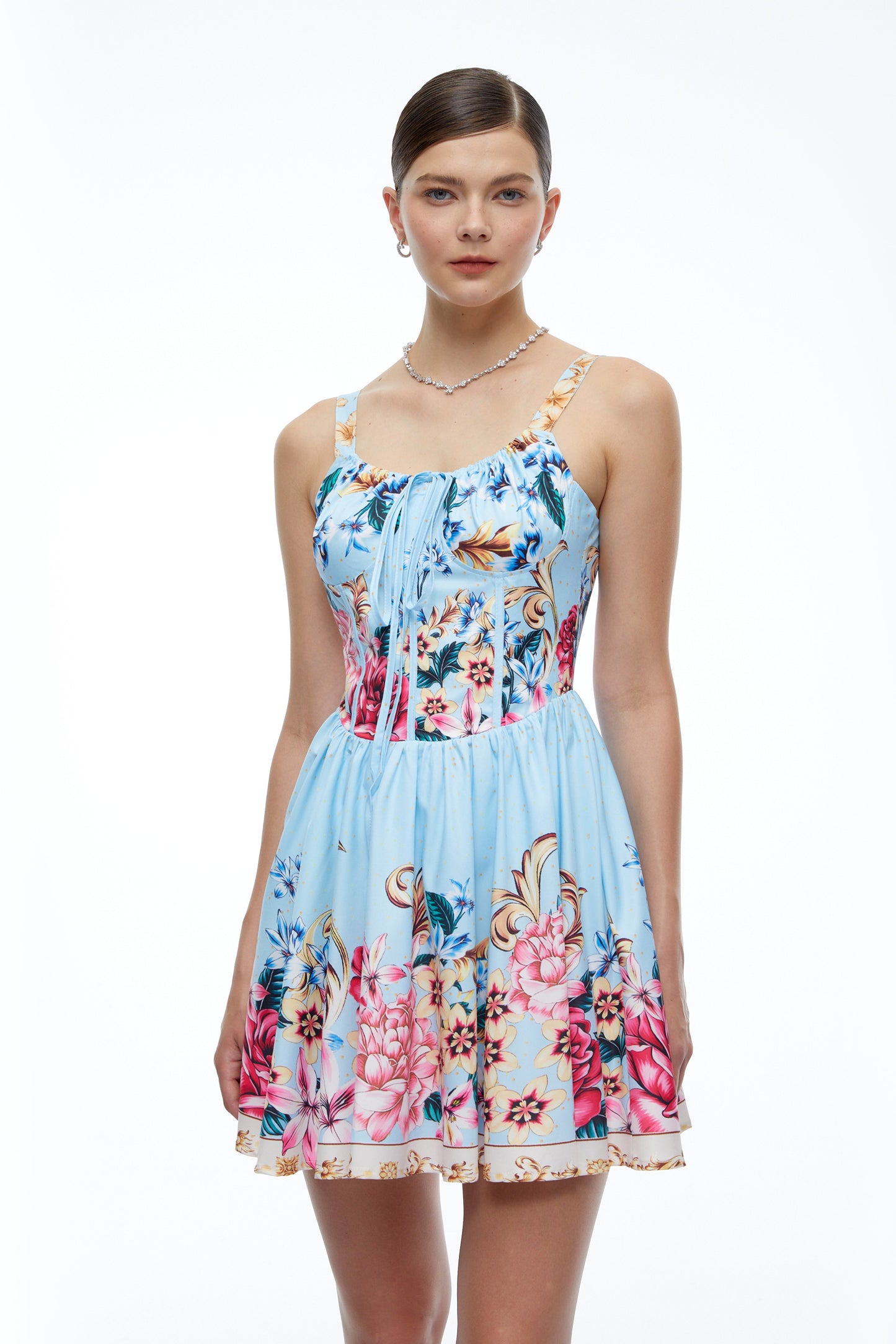 Olivette Blue Floral Ruched Mini Dress