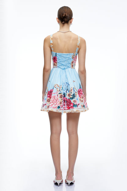 Olivette Blue Floral Ruched Mini Dress