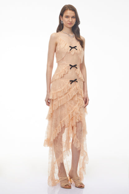 Olivia Orange Lace Maxi Dress with Ruffled Trim
