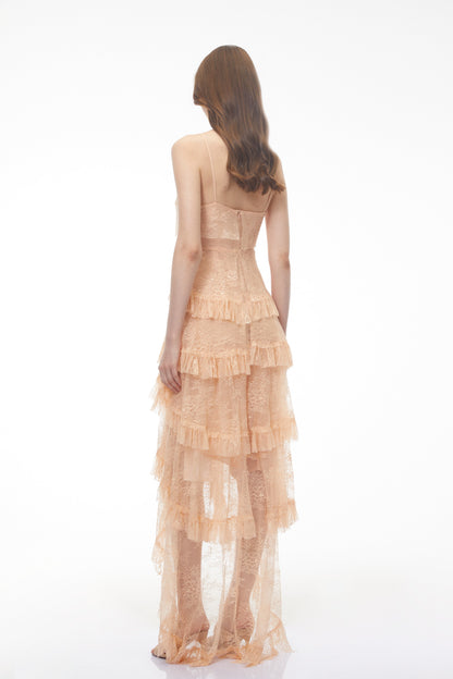 Olivia Orange Lace Maxi Dress with Ruffled Trim