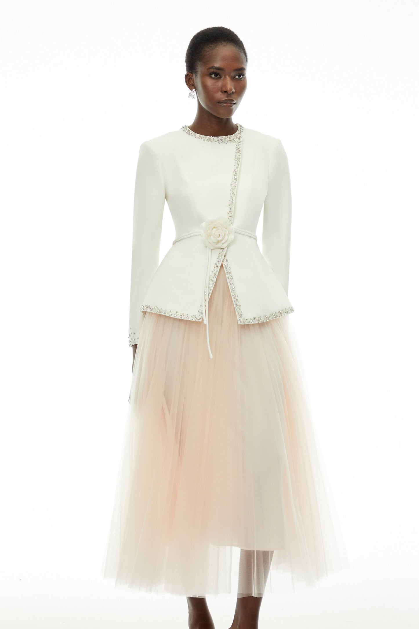 Olivia White Embellished Tulle Top & Pleated Skirt Set