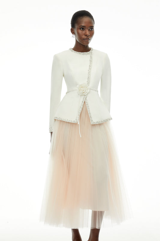 Olivia White Embellished Tulle Top & Pleated Skirt Set