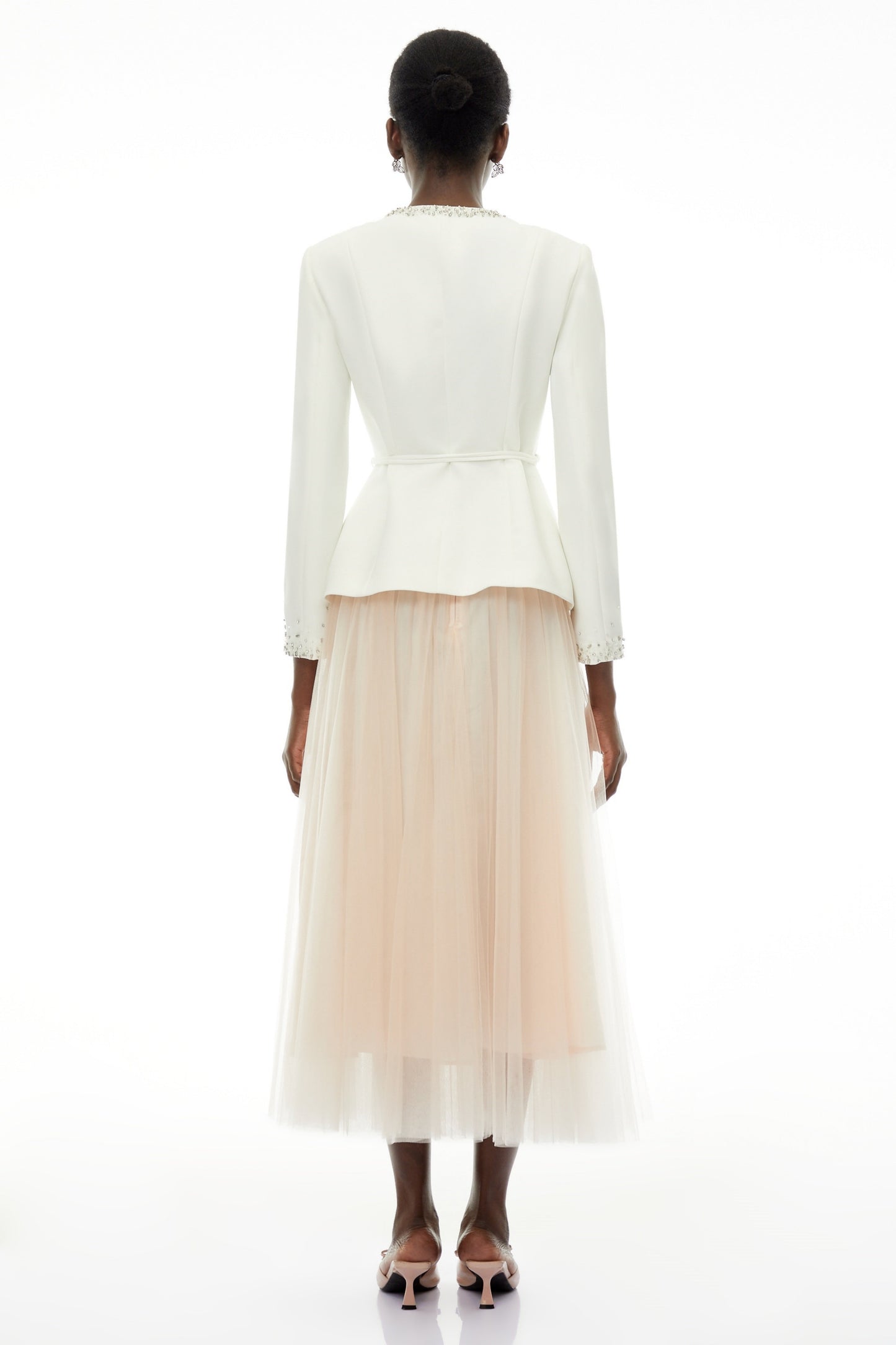 Olivia White Embellished Tulle Top & Pleated Skirt Set