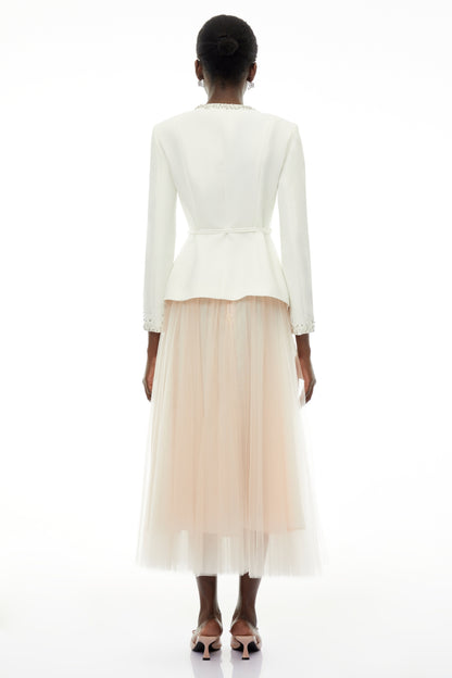 Olivia White Embellished Tulle Top & Pleated Skirt Set