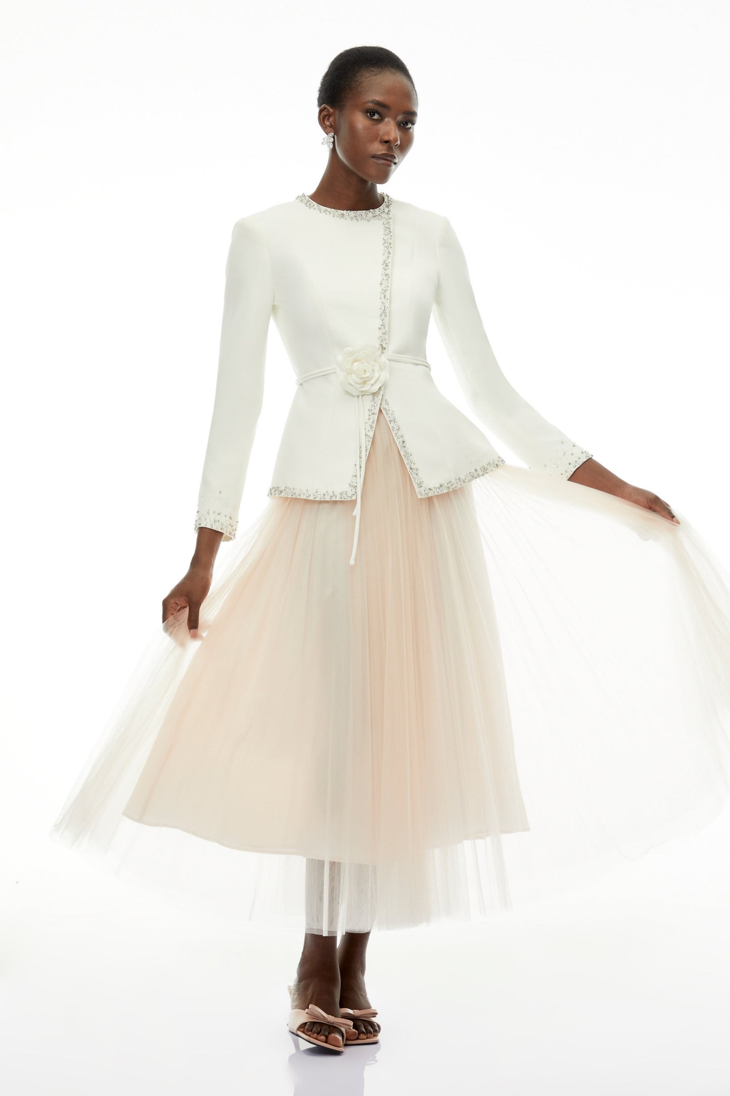 Olivia White Embellished Tulle Top & Pleated Skirt Set