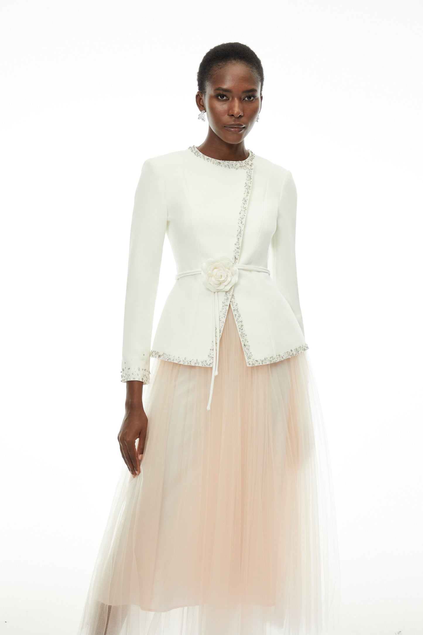 Olivia White Embellished Tulle Top & Pleated Skirt Set