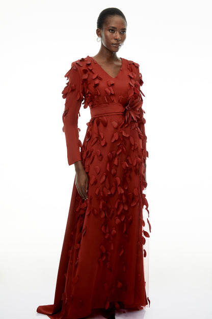 Olivia Red Maxi Dress with All-Over 3D Petals