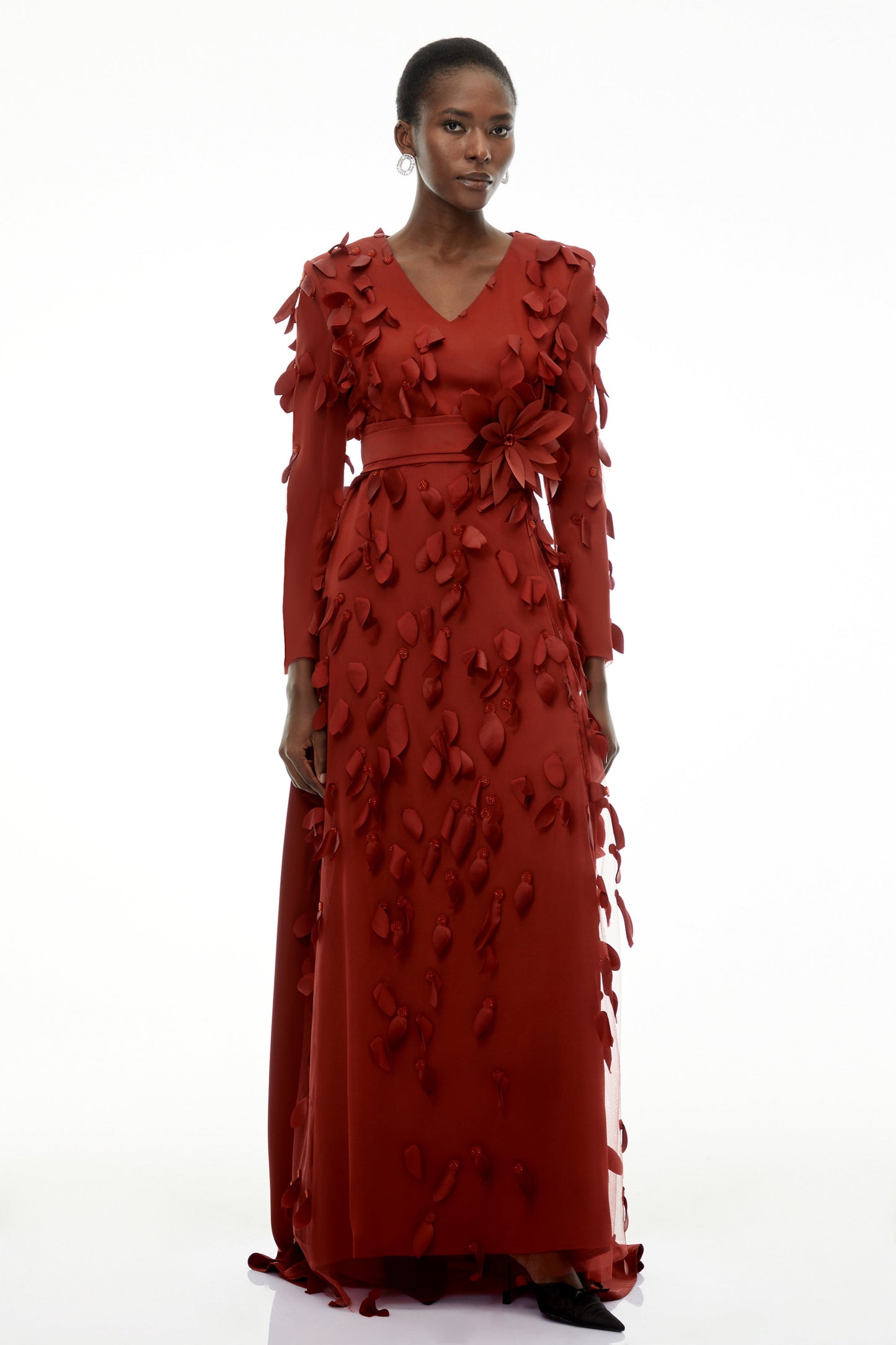 Olivia Red Maxi Dress with All-Over 3D Petals